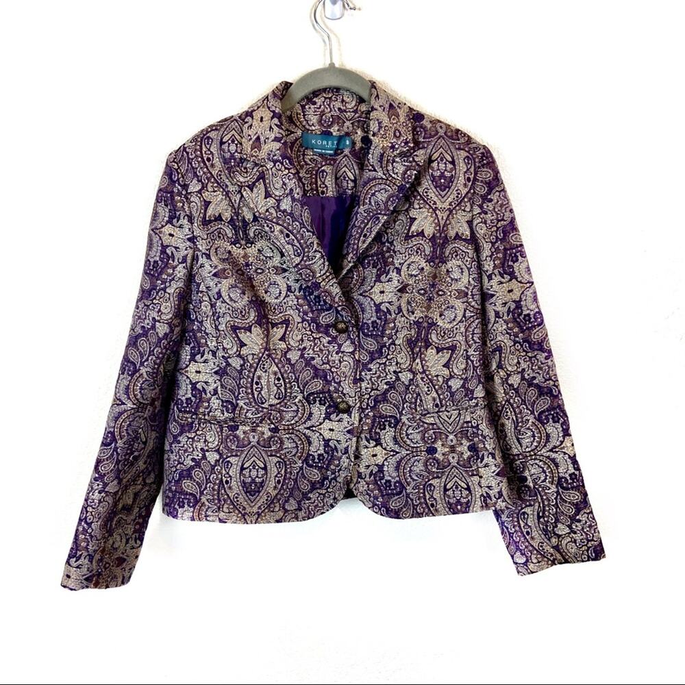 Koret Blazer Textured Purple & Tan Tapestry Vintage Retro Petite Secretary Chic